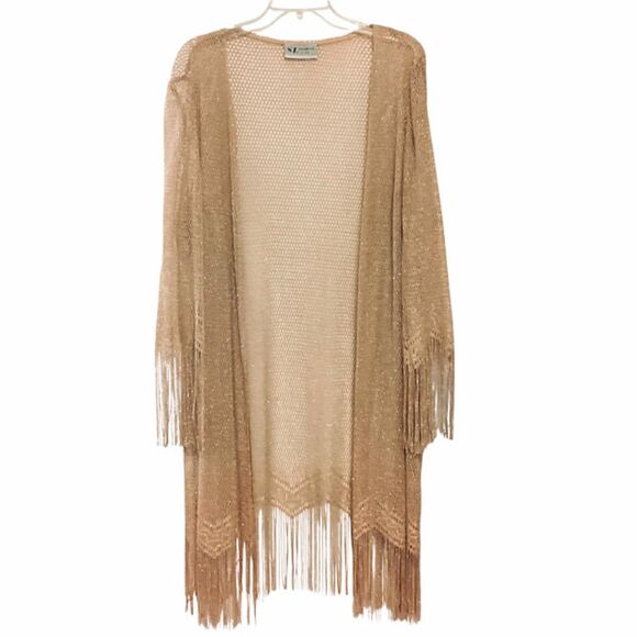 S.L. Fashions Women's Gold Metallic Crochet Fringe Hem Cover-up Kimono Large - Picture 2 of 7